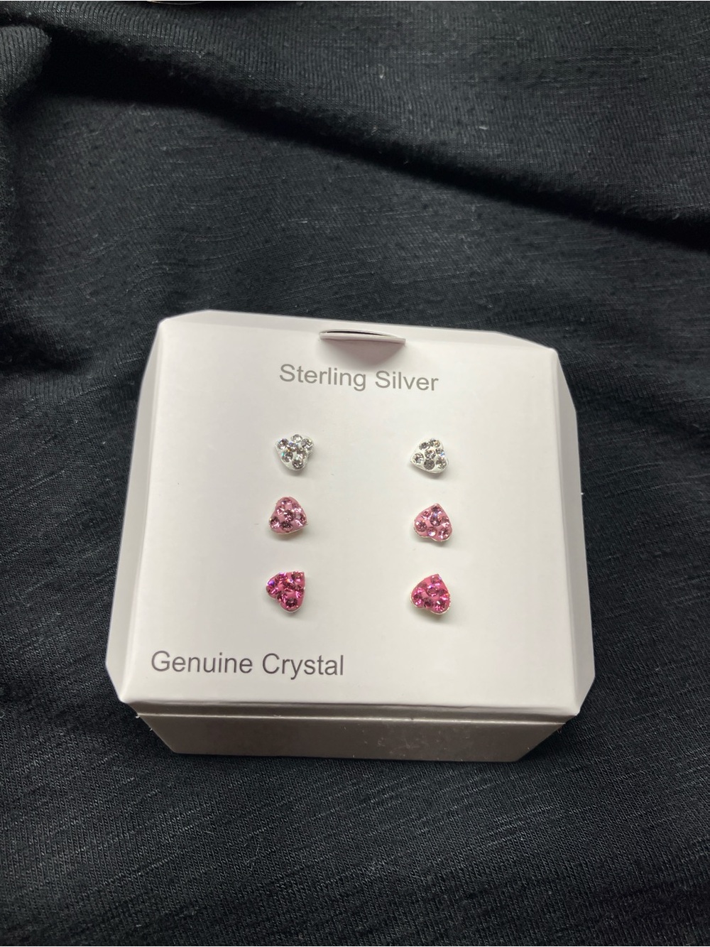 Sterling Silver Genuine Crystal Heart Stud Earring Set - Pink & Clear